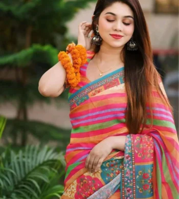 প্রিমিয়াম ডিজিটাল প্রিন্ট চান্দেরি সিল্ক শাড়ি + ব্লাউজ পিস